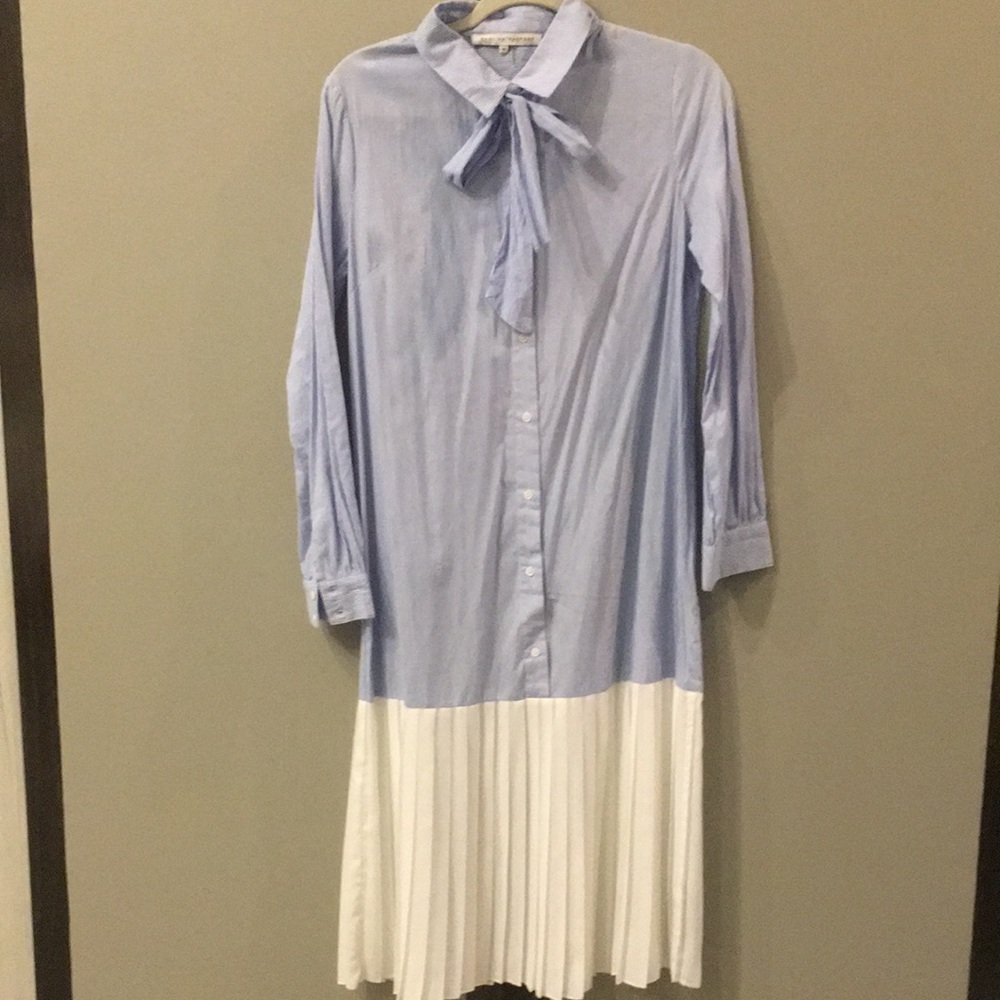 Pinstripe dropped waist pleated dress
